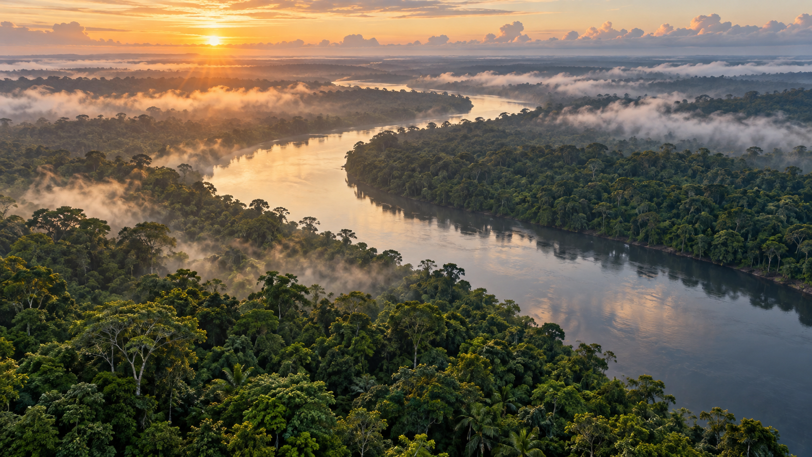Imagem ilustrativa gerada por IA de floresta e rio ao amanhecer